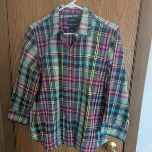 CHAPS Classics Plaid No Iron Green Blue Pink 3/4 Sleeve Shirt-Women's Lg